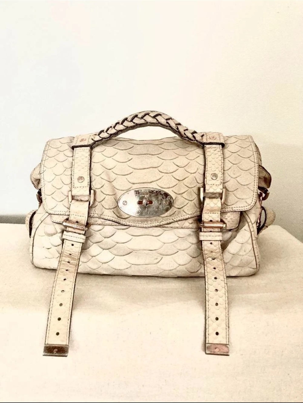 Mulberry Cream Braided-Handle Satchel with Scale Texture